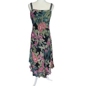 Bella Blue Vintage 90s Tropical Floral Rayon Maxi Dress Beaded Y2K Size 12